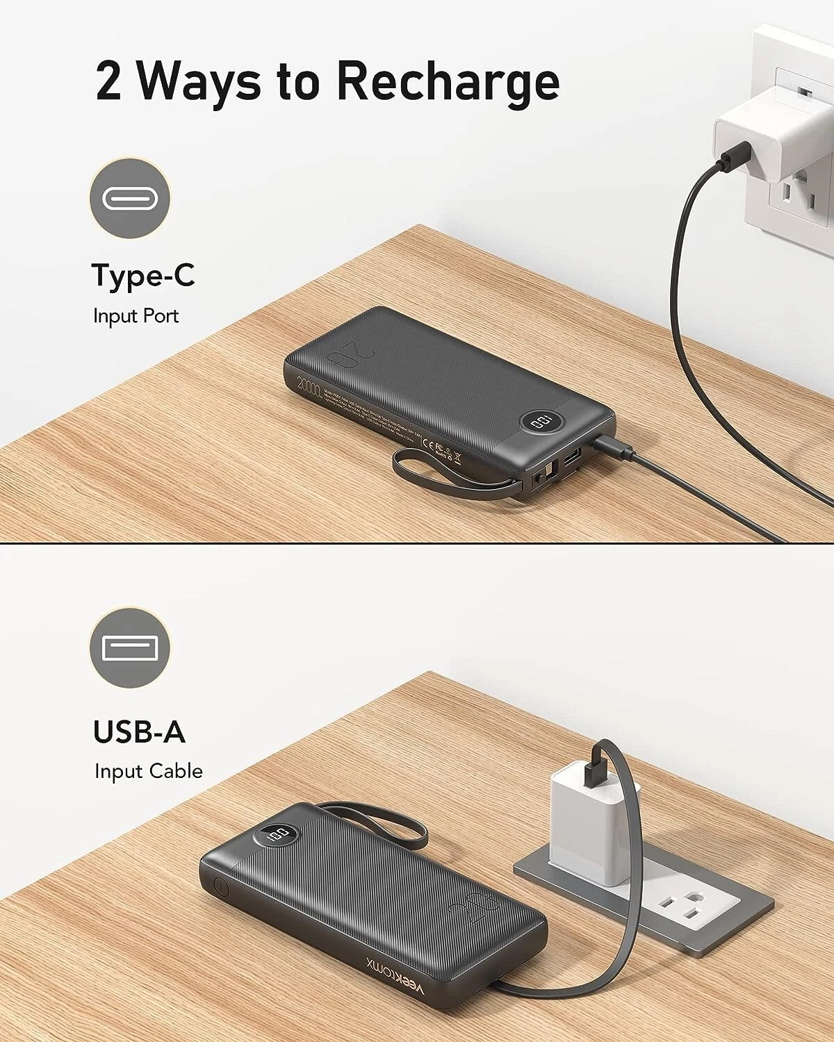 VEEKTOMX Power Bank 20,000mAh with Built-in Cables (Black)
