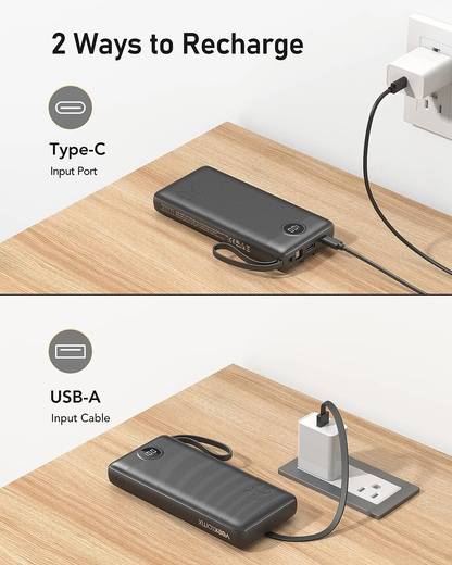 VEEKTOMX Power Bank 20,000mAh with Built-in Cables (Black)