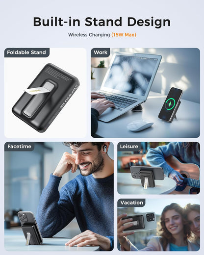 TESSAN Qi2 Certified | 10,000mAh PD 15W Fast Charging | Magnetic Wireless Power Bank Kickstand