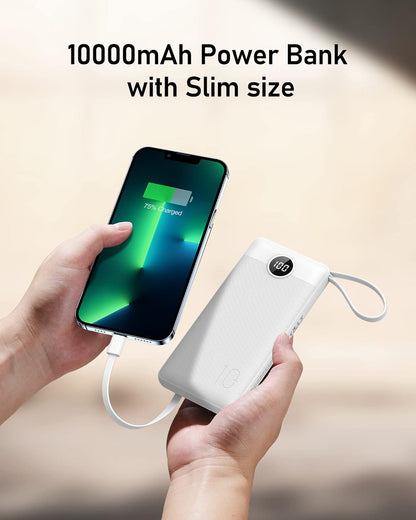 VEEKTOMX Power Bank 10,000mAh with Built-in Cables (White)
