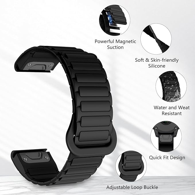 [22mm] For Garmin Fenix Quickfit Magnetic Silicone Sport Watch Strap (Black)