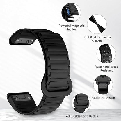 [22mm] For Garmin Fenix Quickfit Magnetic Silicone Sport Watch Strap (Black)