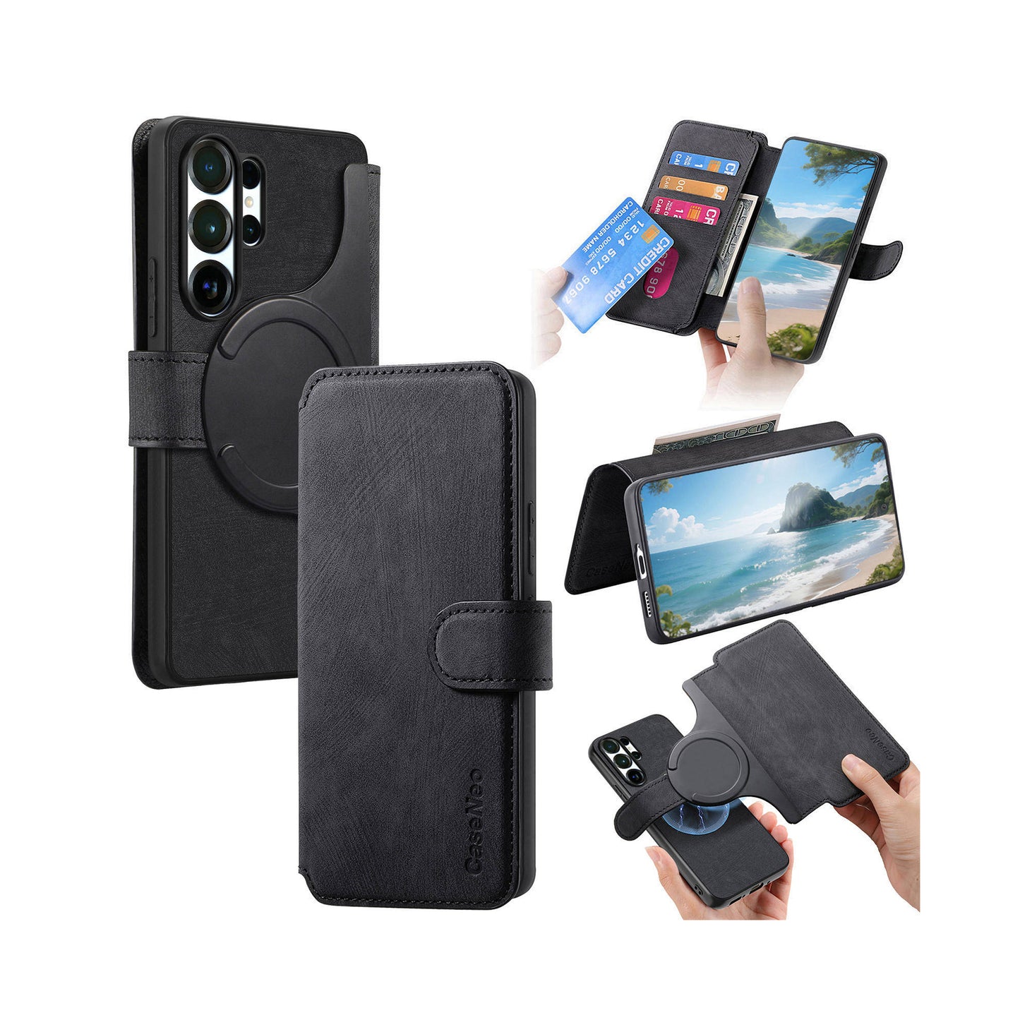 For Samsung Galaxy S26 Ultra (6.9”) Detachable Wallet Case Flip Leather Magsafe Magnetic Cover (Black)