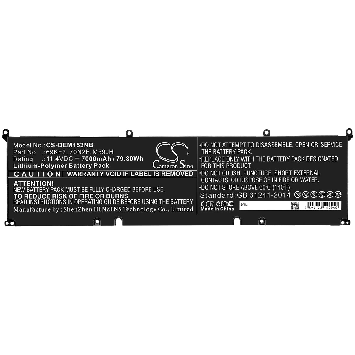 Cameron Sino Dell XPS 15 9500 Alienware M15 R3 Precision 5550 69KF2 70N2F Battery Replacement [CS-DEM153NB]