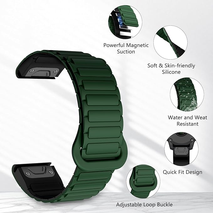 [22mm] For Garmin Fenix Quickfit Magnetic Silicone Sport Watch Strap (Green)