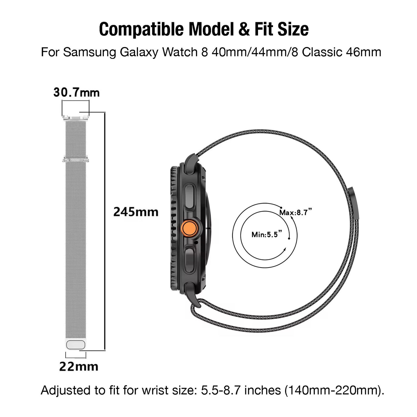 Samsung Galaxy Watch 8 40mm/44mm/Classic 46mm Stainless Steel Magnetic Milanese Loop Watch Band Strap