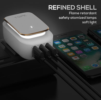 TOPK Wall Charger Travel Adapter AU Plug 3.4A 3 USB With LED Touch Night Light