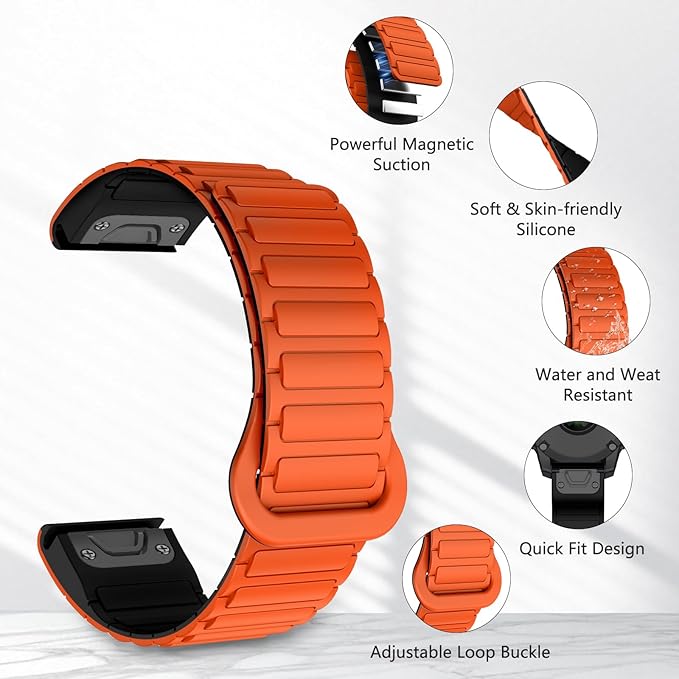 [22mm] For Garmin Fenix Quickfit Magnetic Silicone Sport Watch Strap (Orange)