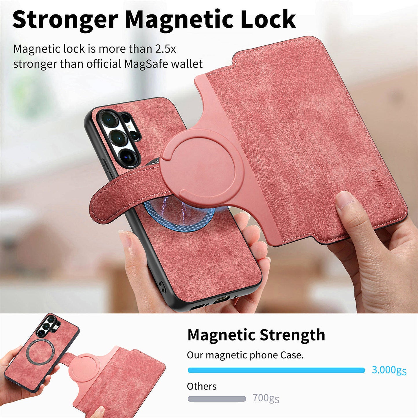 For Samsung Galaxy S26 Ultra (6.9”) Detachable Wallet Case Flip Leather Magsafe Magnetic Cover (Pink)