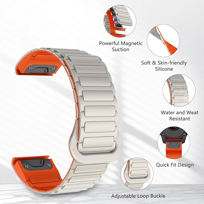 [22mm] For Garmin Fenix Quickfit Magnetic Silicone Sport Watch Strap (Starlight)