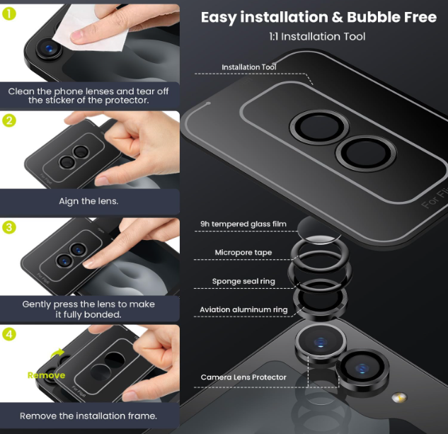 For Samsung Galaxy Z Flip 7 Metal Camera Lens Glass Individual Eagle Protector Cover - Black