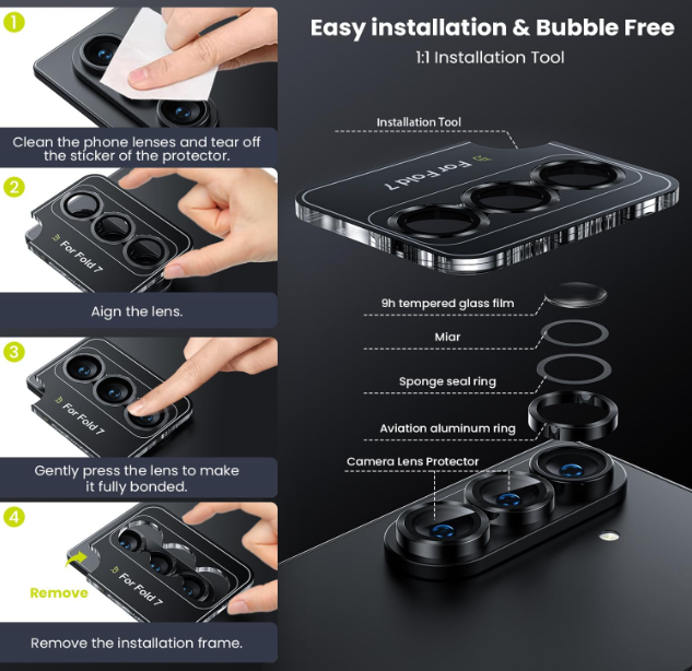 For Samsung Galaxy Z Fold 7 Metal Camera Lens Glass Individual Eagle Protector Cover - Black