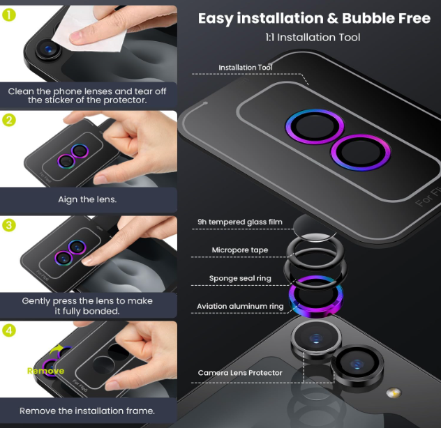 For Samsung Galaxy Z Flip 7 Metal Camera Lens Glass Individual Eagle Protector Cover - Multicolour